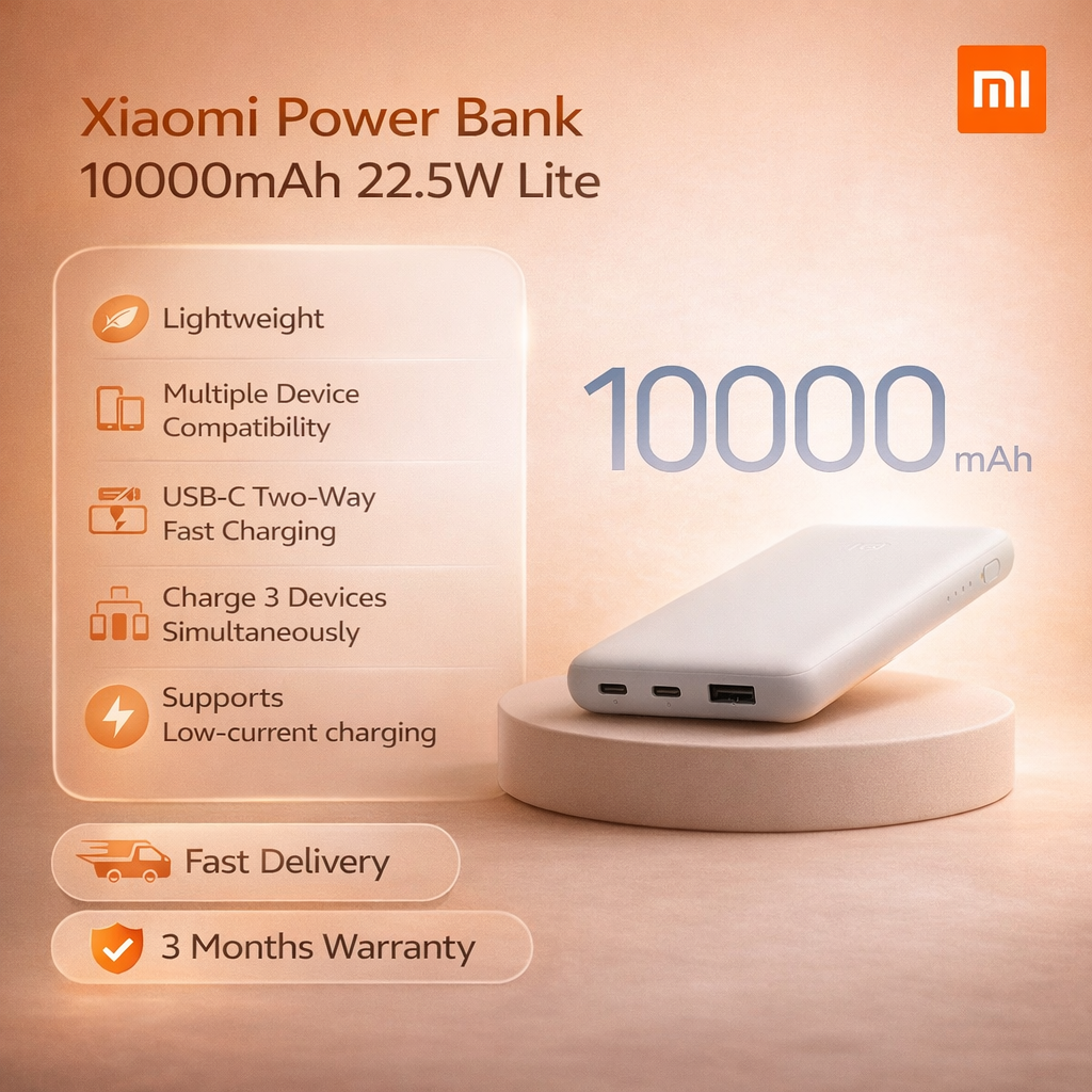 Xiaomi Power Bank 10000mAh 22.5W Lite Lightweight and portable, Multiple device compatibility, USB-C two-way fast charging, Charge three devices simultaneously, Supports low-current charging