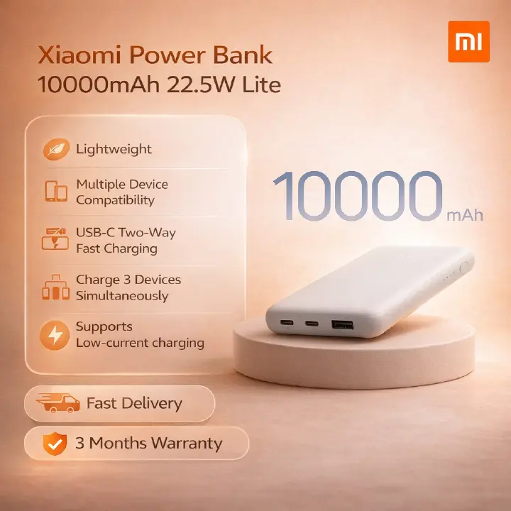 Xiaomi Power Bank 10000mAh 22.5W Lite Lightweight and portable, Multiple device compatibility, USB-C two-way fast charging, Charge three devices simultaneously, Supports low-current charging