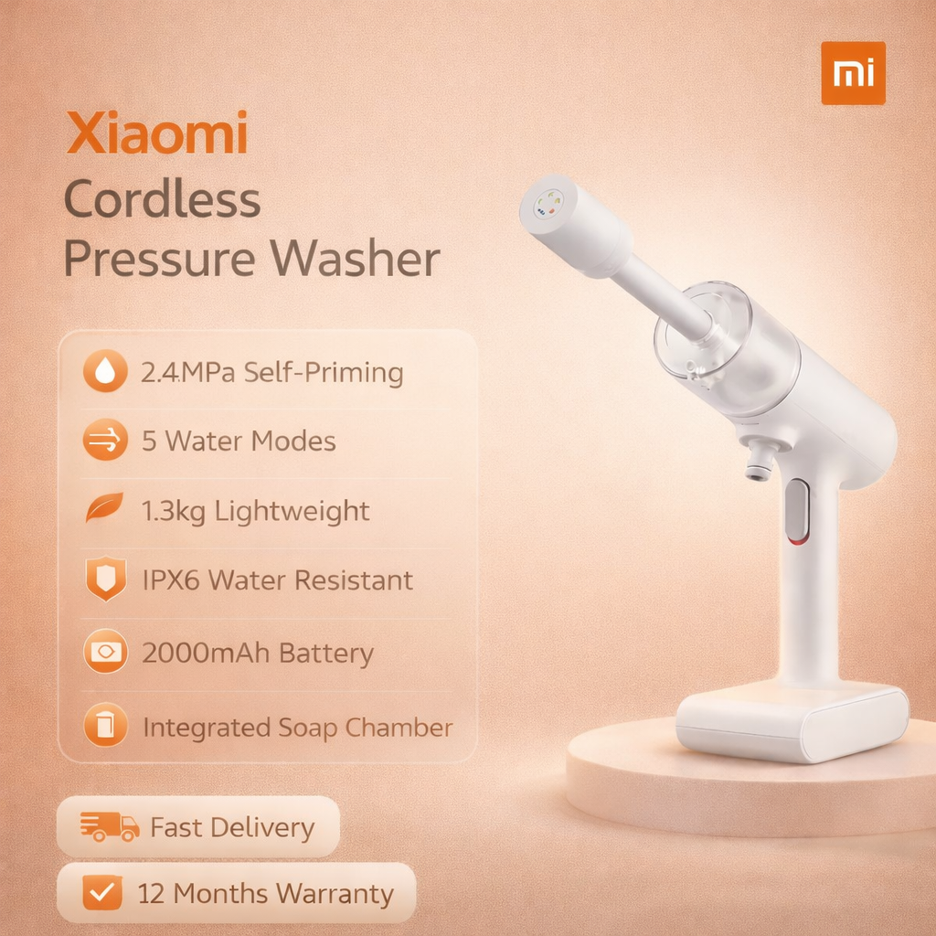 Xiaomi Cordless Pressure Washer, 2.4MPa self-priming powerful water pressure Integrated soap chamber design 5 Water modes 1.3kg lightweight body IPX6 water resistant 2000 mAh battery, 270W Motor power