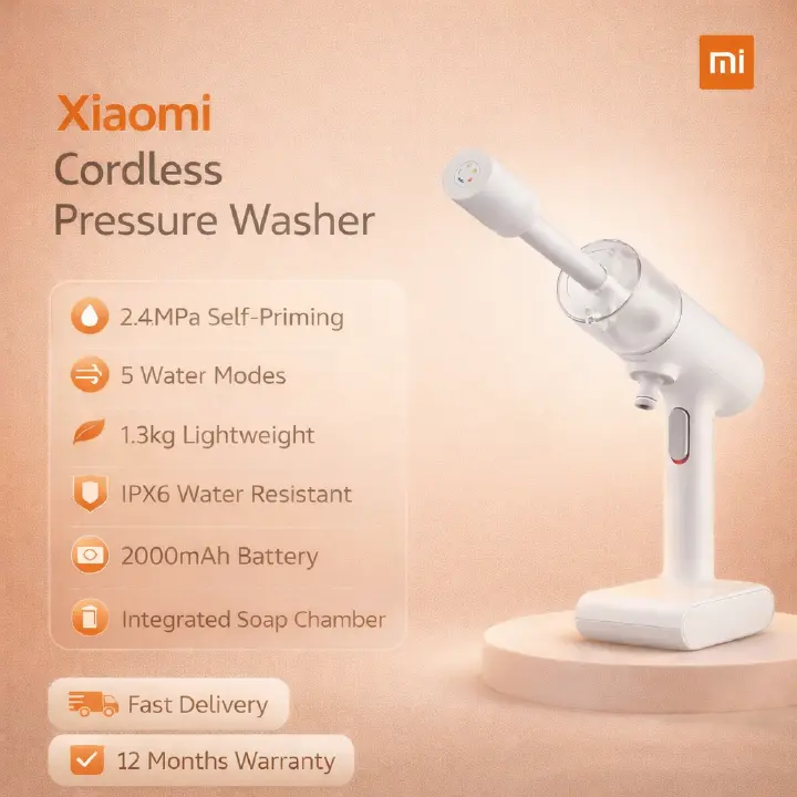 Xiaomi Cordless Pressure Washer, 2.4MPa self-priming powerful water pressure Integrated soap chamber design 5 Water modes 1.3kg lightweight body IPX6 water resistant 2000 mAh battery, 270W Motor power