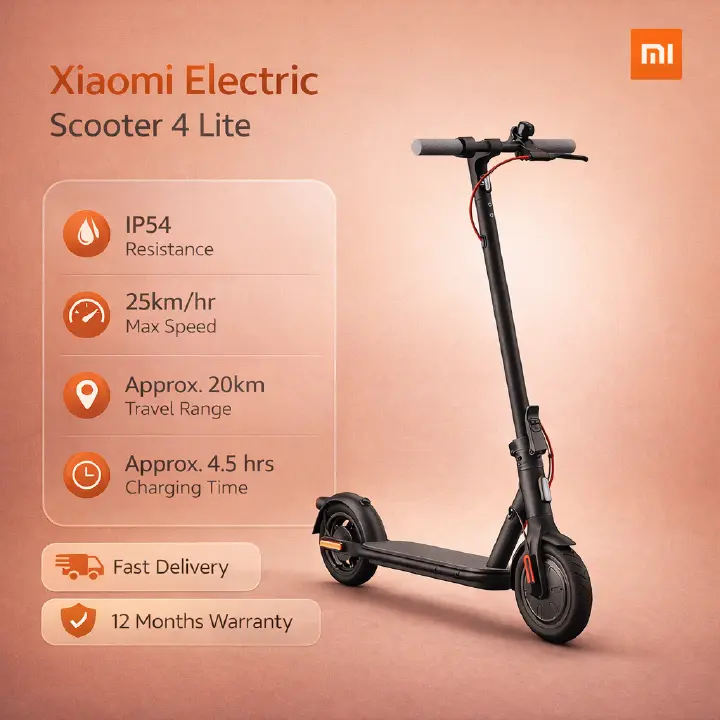 Xiaomi Electric Scooter 4 Lite, Max. speed 25km/hr. Travel range Approx. 20km IP54 Approx. 4.5 hours Charging Time, Deck widened by 5mm, Stable standing, comfortable riding, 300W powerful motor