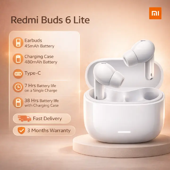 XIAOMI Redmi Buds 6 Lite, Earbuds: 45mAh battery Charging case: 480mAh battery Type-C Charging Port Bluetooth Connectivity 7 Hrs Battery life on a single charge 38 Hrs Battery life with charging case