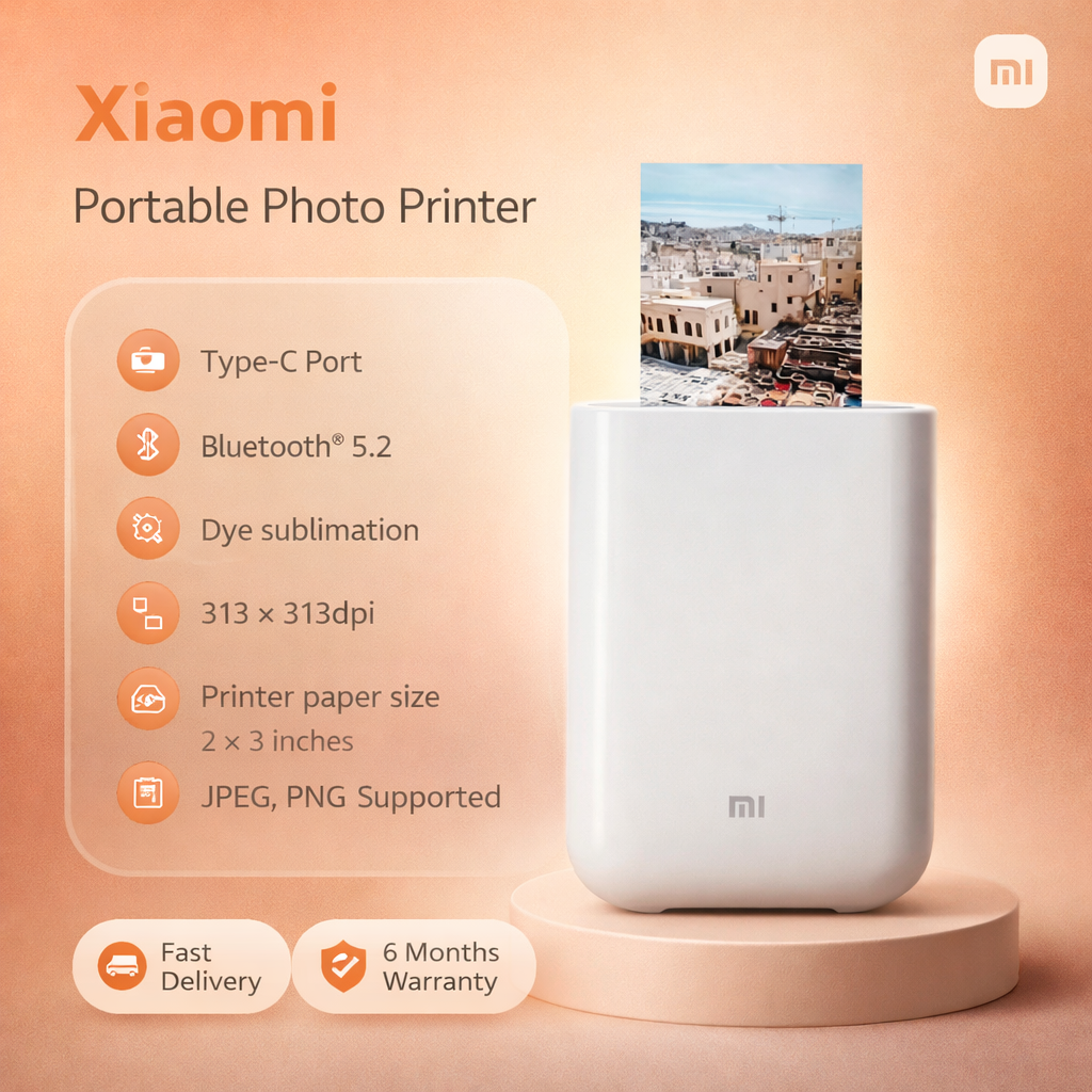 Xiaomi Portable Photo Printer, Chargeable lithium-ion battery pack, Type-C Port, Bluetooth® 5.2, Dye sublimation, Print resolution 313 × 313dpi, Printer paper size 2 × 3 inches, JPEG, PNG Supported