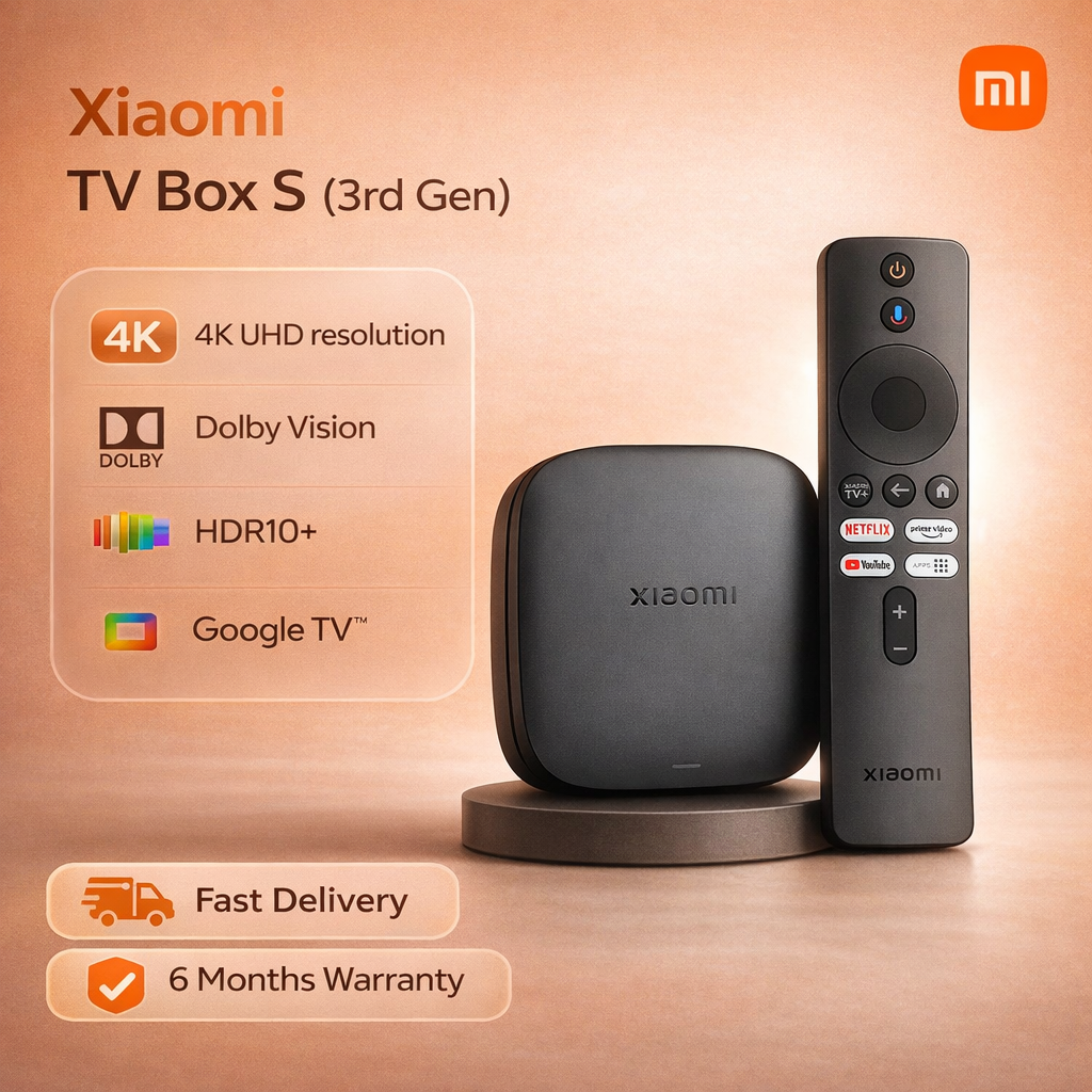 Xiaomi TV Box S (3rd Gen), 4K UHD resolution Dolby Vision HDR10+ Google TV™ Chromecast built-in and supports Wi-Fi 6.