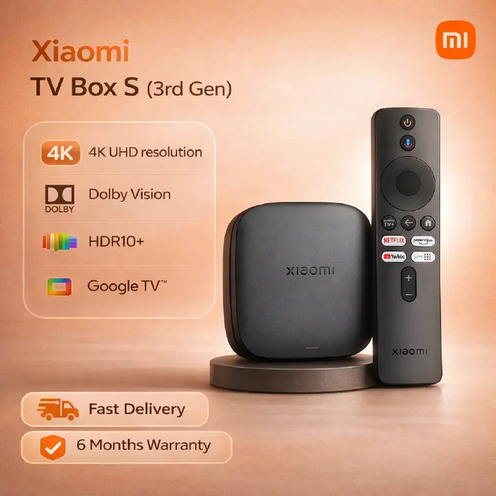 Xiaomi TV Box S (3rd Gen), 4K UHD resolution Dolby Vision HDR10+ Google TV™ Chromecast built-in and supports Wi-Fi 6.