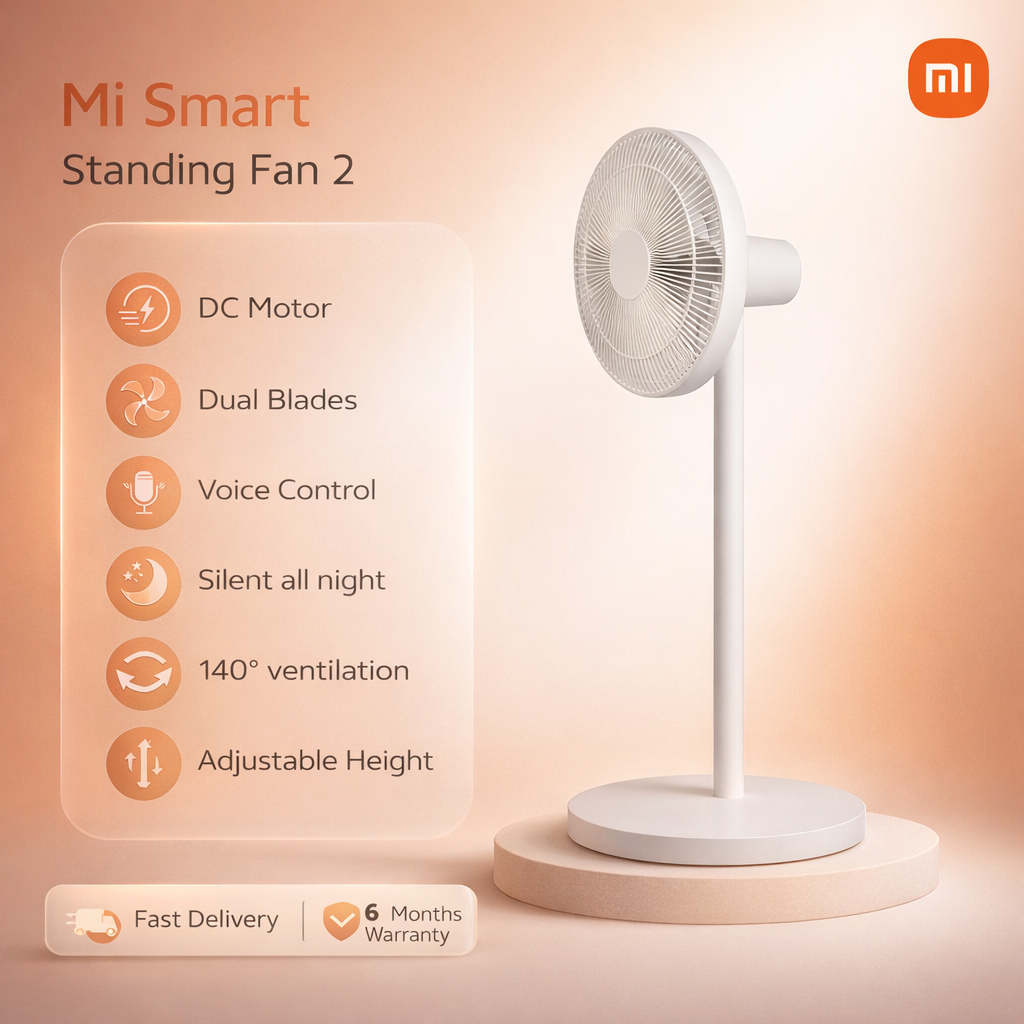 Mi Smart Standing Fan 2, Dual blades, DC motor, Voice control, 140° ventilation, 14m range, 100 levels, Table and floor, Silent all night, easily adjust the height of the stand, Precise speed settings
