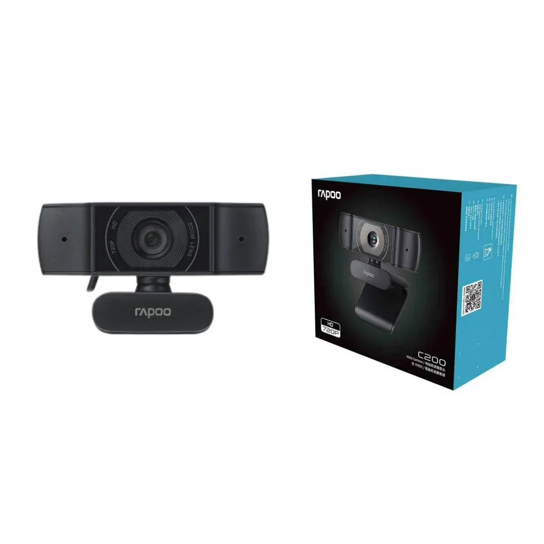 Rapoo C200 720p HD Webcam, 100° Super Wide-Angle Lens, 360° Horizontal Rotation, Built-In Noise-Reduction Microphones, USB 2.0 Interface, Plug-and Play Functionality, LED Indicator, Adjustable Base