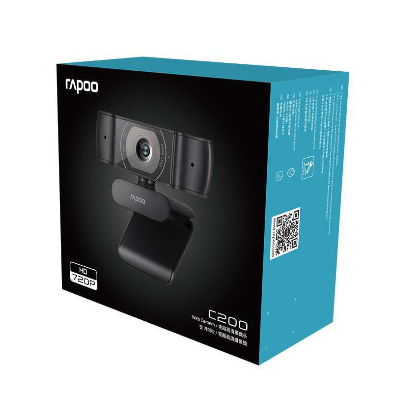 Rapoo C200 720p HD Webcam, 100° Super Wide-Angle Lens, 360° Horizontal Rotation, Built-In Noise-Reduction Microphones, USB 2.0 Interface, Plug-and Play Functionality, LED Indicator, Adjustable Base
