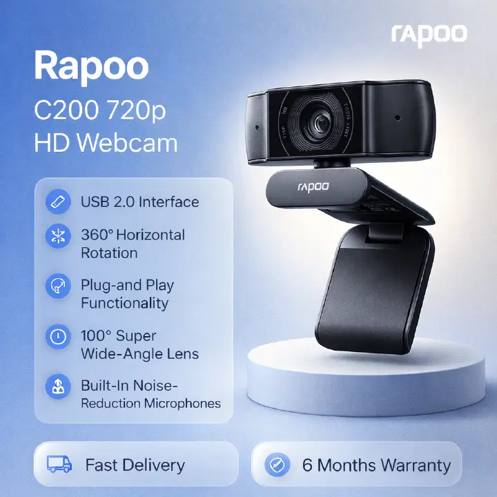 Rapoo C200 720p HD Webcam, 100° Super Wide-Angle Lens, 360° Horizontal Rotation, Built-In Noise-Reduction Microphones, USB 2.0 Interface, Plug-and Play Functionality, LED Indicator, Adjustable Base