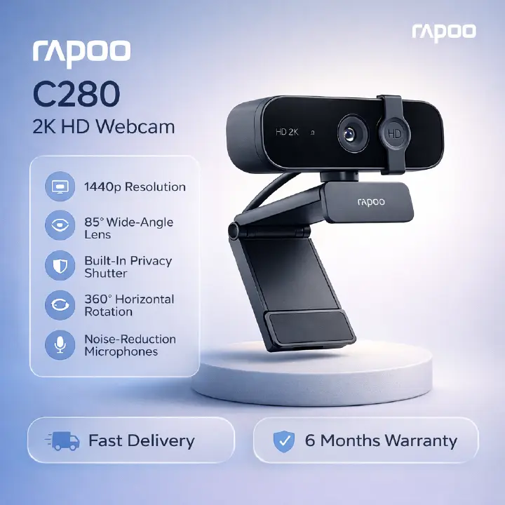 Rapoo C280 2K HD Webcam, 1440p Resolution, 85° Wide-Angle Lens, Noise-Reduction Microphones, 360° Horizontal Rotation, USB 2.0 Plug & Play, LED Activity Indicator, Built-In Privacy Shutter