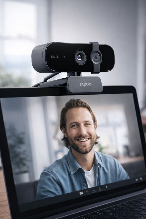 Rapoo C280 2K HD Webcam, 1440p Resolution, 85° Wide-Angle Lens, Noise-Reduction Microphones, 360° Horizontal Rotation, USB 2.0 Plug & Play, LED Activity Indicator, Built-In Privacy Shutter