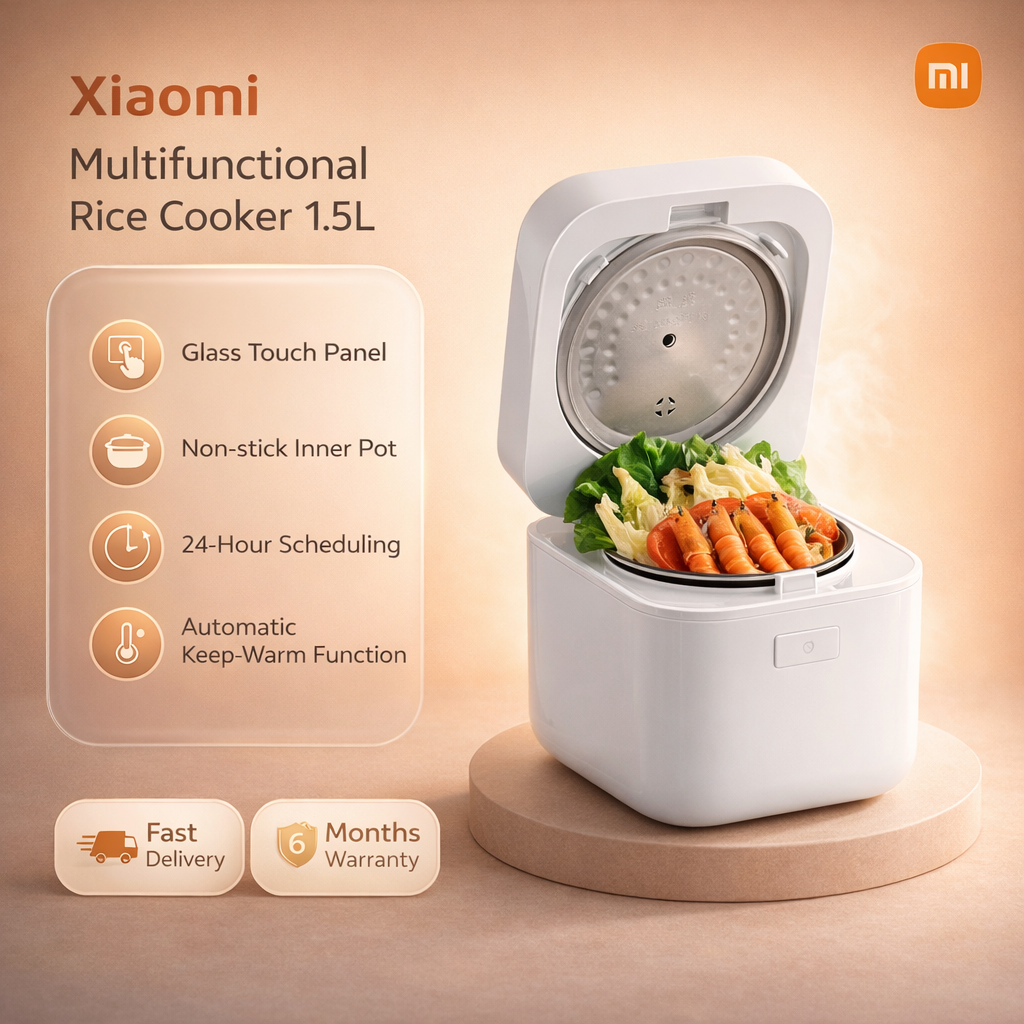 Xiaomi Multifunctional Rice Cooker 1.5L, Glass Touch Panel, Non-stick Aluminum Alloy Inner Pot, 24-Hour Scheduling, Automatic Keep-Warm Function, Upper and Lower Temperature Sensors, 320 - 380W Power