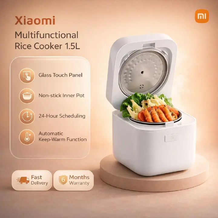 Xiaomi Multifunctional Rice Cooker 1.5L, Glass Touch Panel, Non-stick Aluminum Alloy Inner Pot, 24-Hour Scheduling, Automatic Keep-Warm Function, Upper and Lower Temperature Sensors, 320 - 380W Power