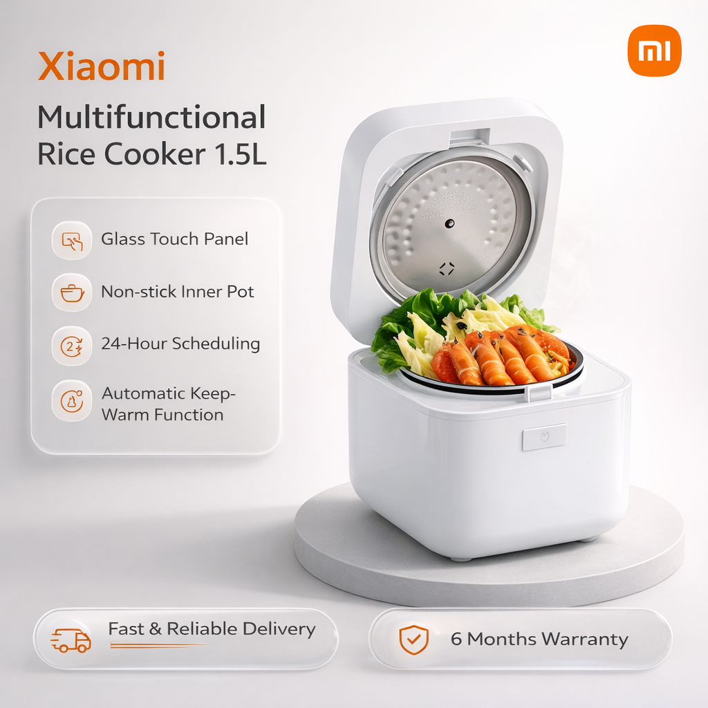 Xiaomi Multifunctional Rice Cooker 1.5L, Glass Touch Panel, Non-stick Aluminum Alloy Inner Pot, 24-Hour Scheduling, Automatic Keep-Warm Function, Upper and Lower Temperature Sensors, 320 - 380W Power