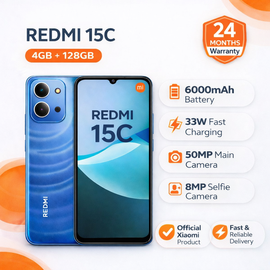 Redmi 15C Smartphone Display 6.9” 120Hz - 4GB Ram + 128GB Rom Dual SIM, 4G , 6000mAh Battery ,50MP Main camera, 8MP front camera, 33W fast charging, IP64 ,MediaTek Helio G81-Ultra