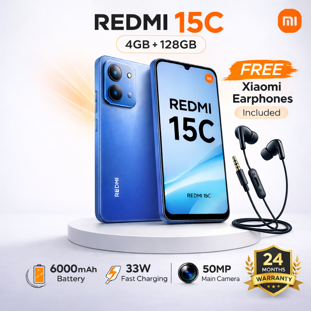 Redmi 15C Smartphone Display 6.9” 120Hz - 4GB Ram + 128GB Rom Dual SIM, 4G , 6000mAh Battery ,50MP Main camera, 8MP front camera, 33W fast charging, IP64 ,MediaTek Helio G81-Ultra
