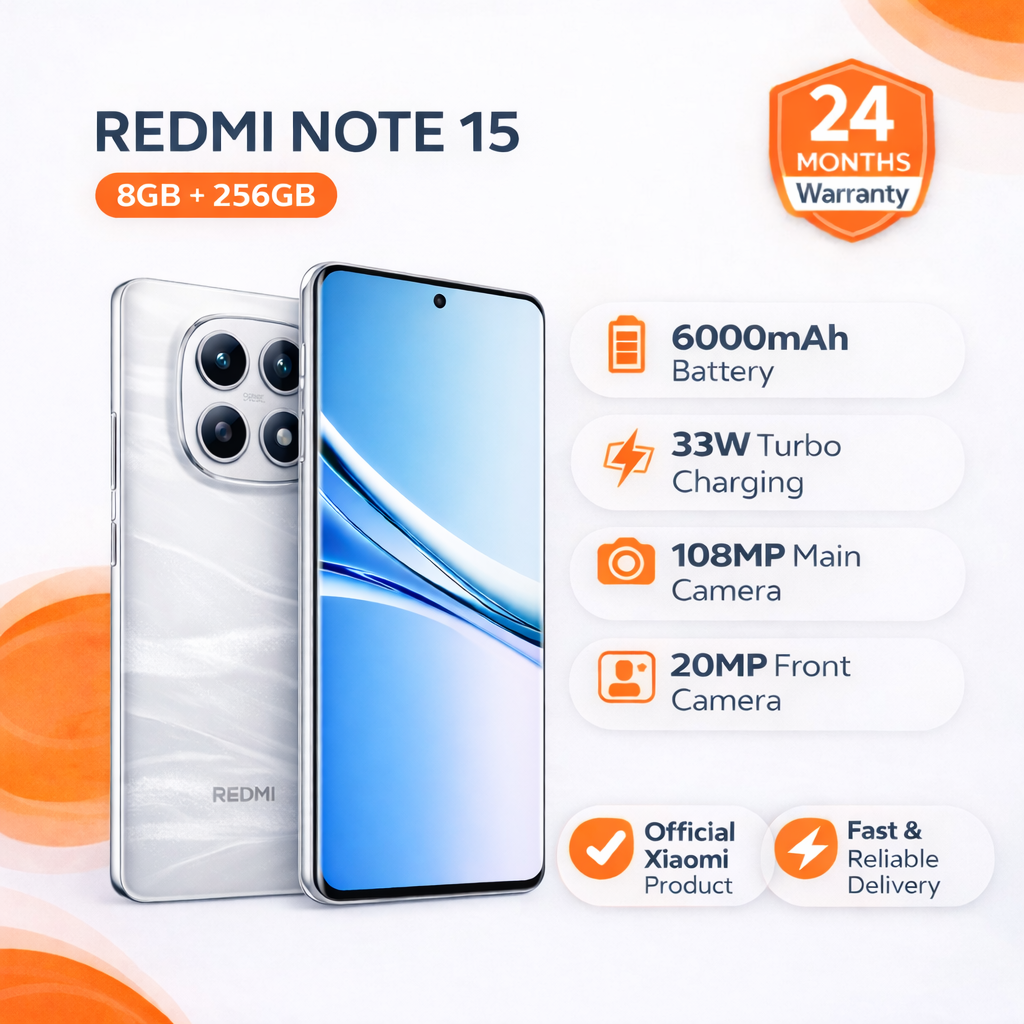 Redmi Note 15 Smartphone Display 6.77" AMOLED display 120Hz - 8GB Ram + 256GB Rom Dual SIM, 4G ,6000mAh battery 33W turbo charging,108MP main camera, 20MP front camera, IP64, MediaTek Helio G100-Ultra