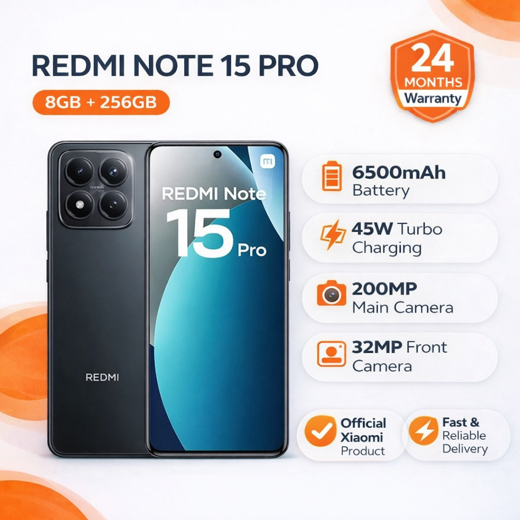 Redmi Note 15 Pro Smartphone Display 6.77” 120Hz - 8GB Ram + 256GB Rom Dual SIM, 4G , 6500mAh Battery ,200MP ultimate-clarity camera, 32MP front, 45W turbo charging,IP65, MediaTek Helio G200-Ultra