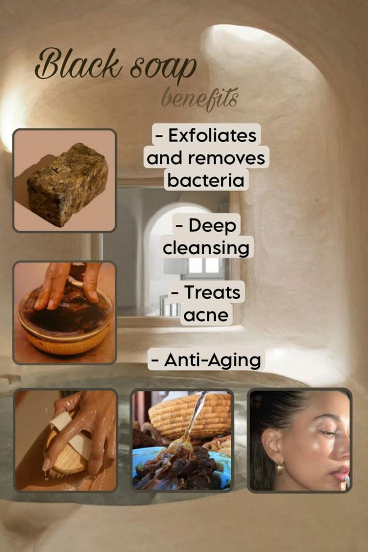African black soap is a natural, organic soap traditionally made in West Africa from plant-based ingredients like palm oil, shea butter, and cocoa pod ash. It's known for its deep cleansing and exfoli