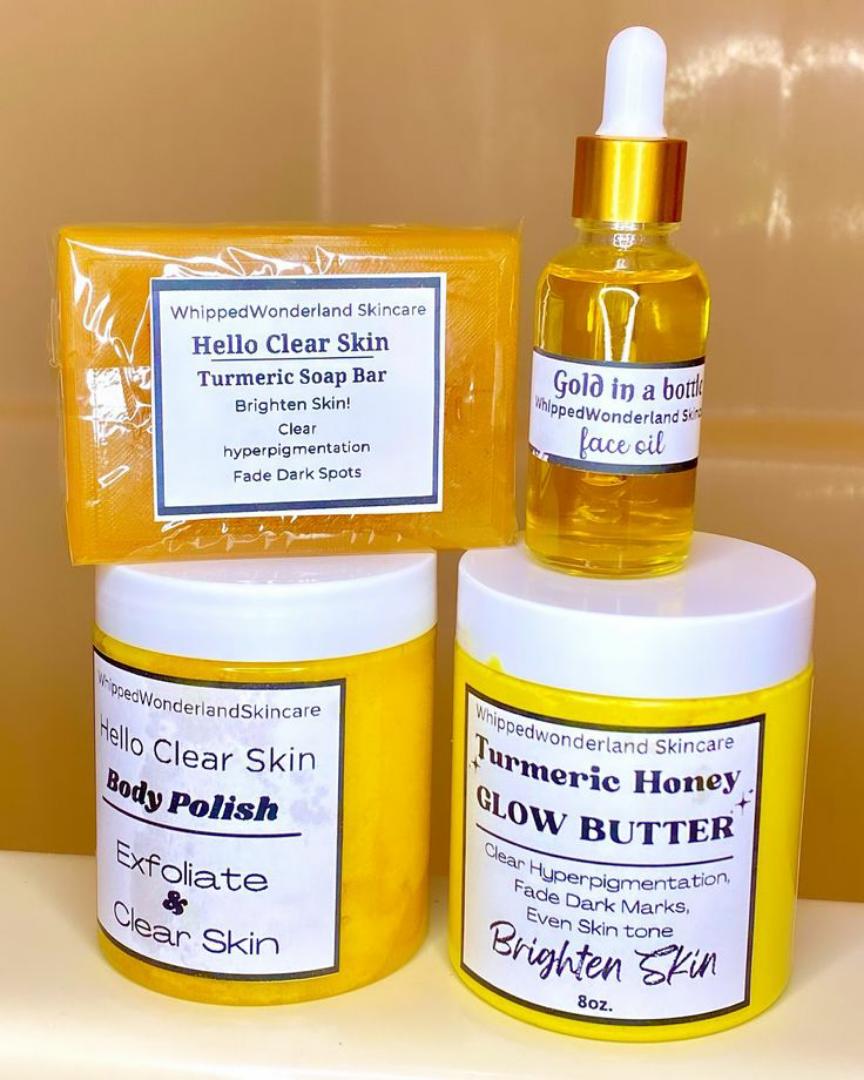 Tumeric soap, tumeric glow oil,tumeric exfoliating and tumeric ing reducing inflammation, brightening skin tone, and potentially aiding in wound healing. Its antioxidant and antimicrobial properties a