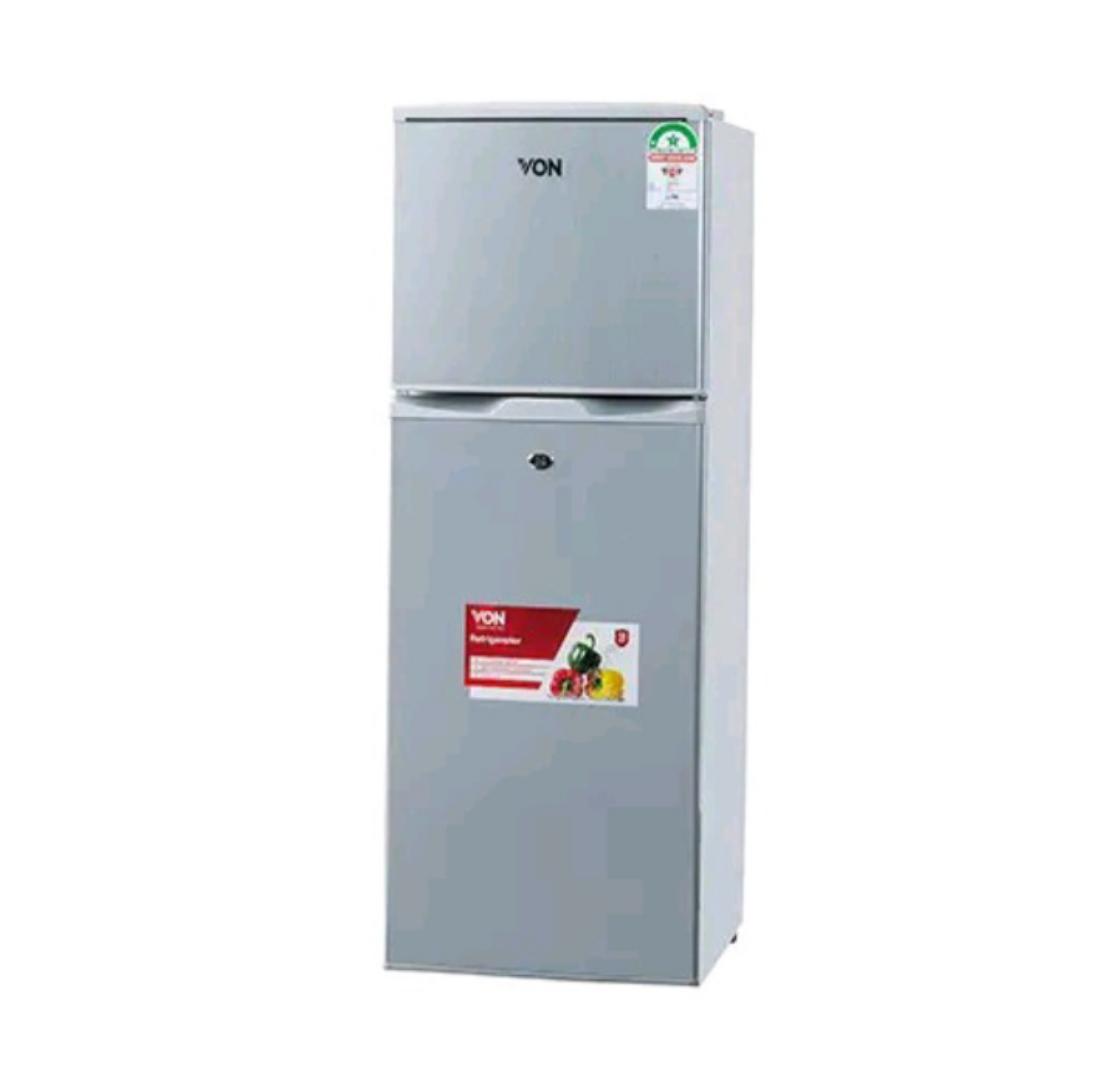 Von VART-19DHS Double Door Fridge 136L - Silver 1 year compressor warranty 136L direct cool refrigerator Thick thermal insulation Ice and egg tray provided Deep utility door pockets Interior lighting