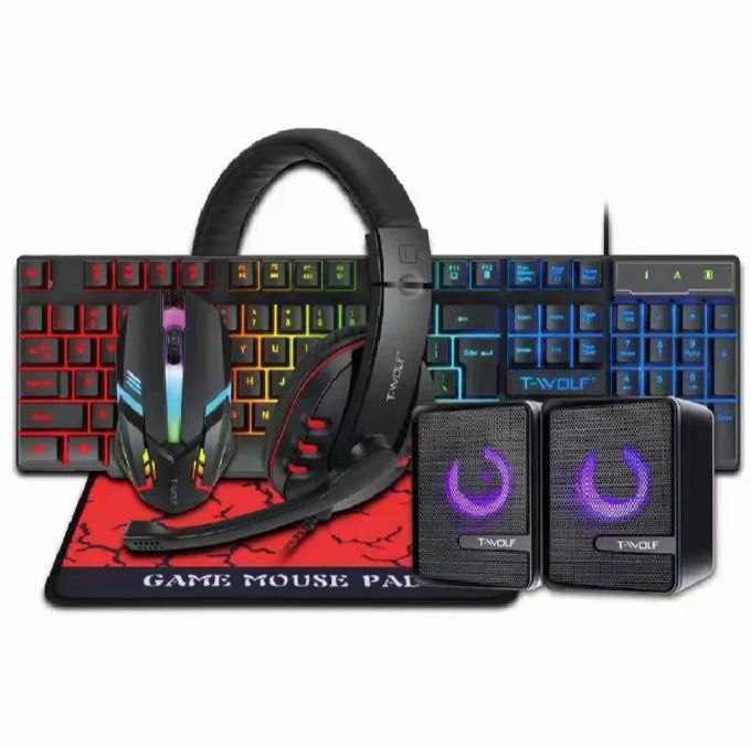 5 in 1 RGB Light Gaming Combo 104 Keys USB Keyboard with LED Backlit Loudspeaker Headphone Mousepad for Laptop