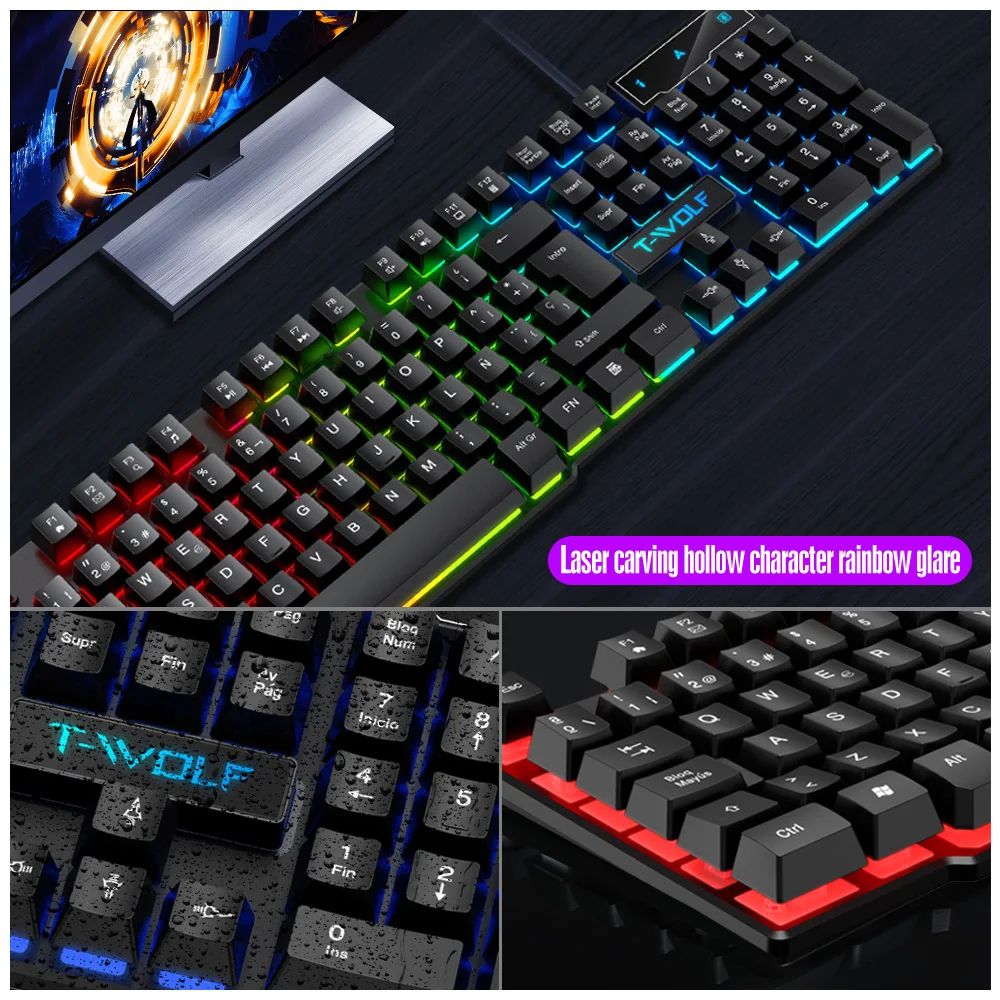 5 in 1 RGB Light Gaming Combo 104 Keys USB Keyboard with LED Backlit Loudspeaker Headphone Mousepad for Laptop