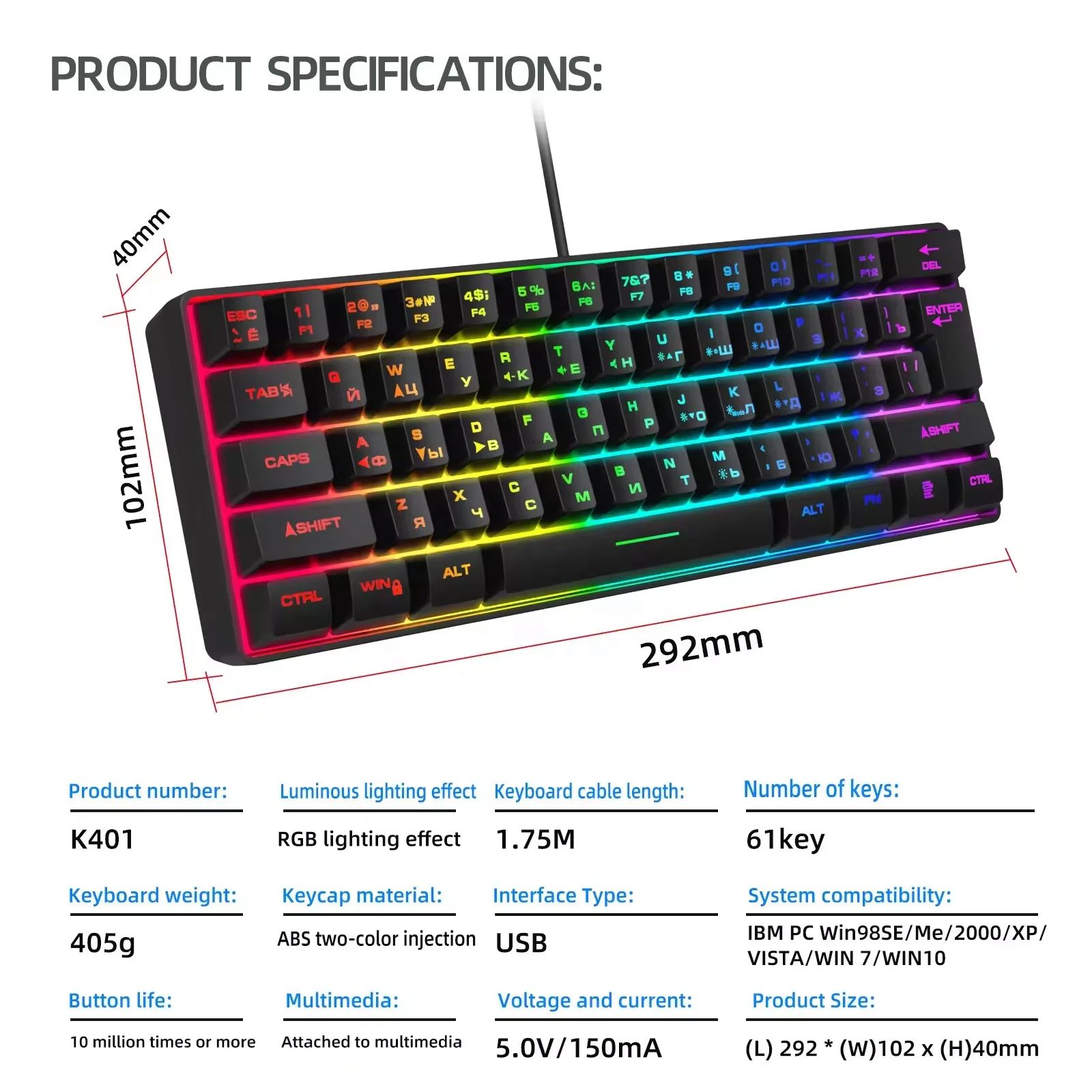 60% RGB LED Backlit Gaming Keyboard ABS Membrane Keycaps with Type C Interface 61 English Keys