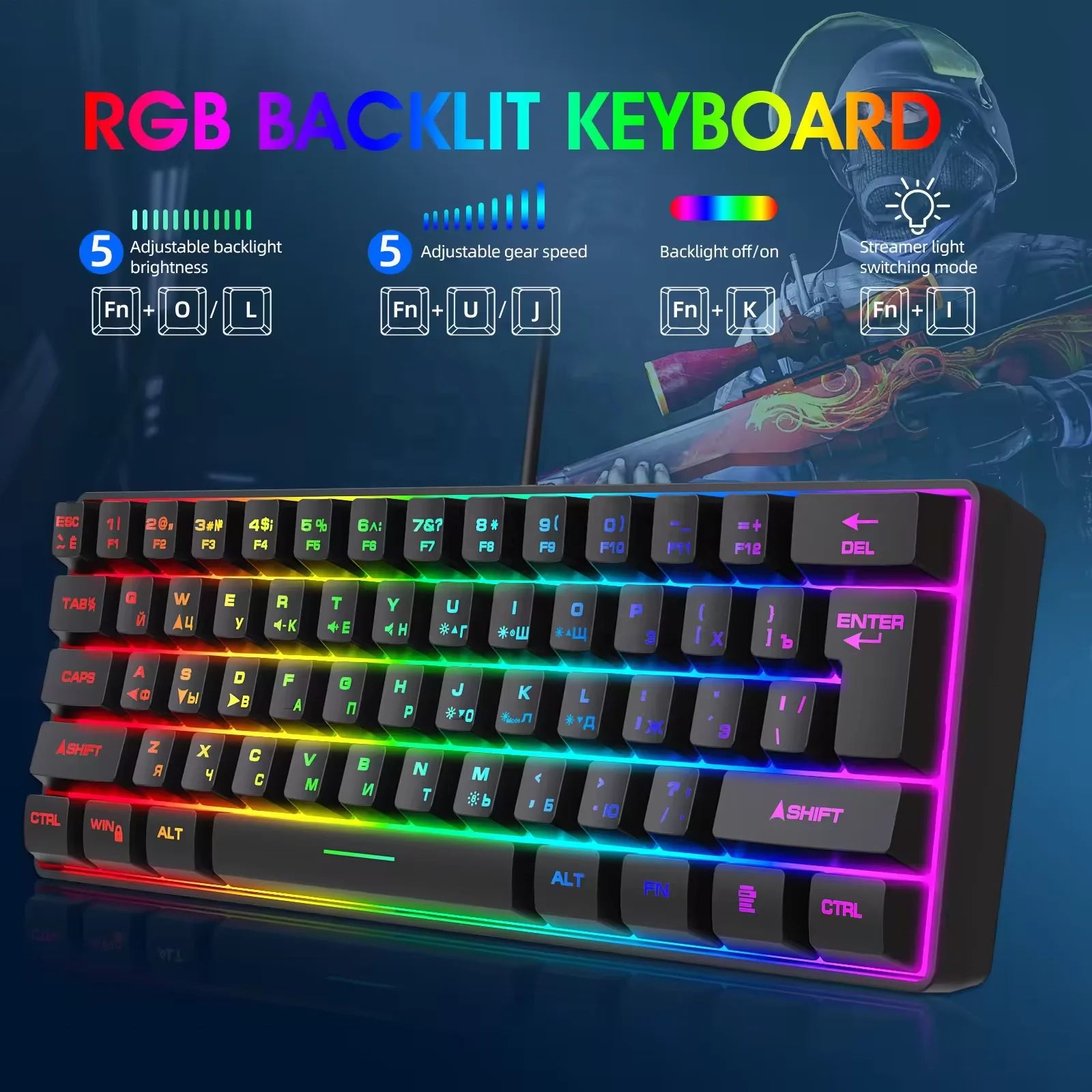60% RGB LED Backlit Gaming Keyboard ABS Membrane Keycaps with Type C Interface 61 English Keys