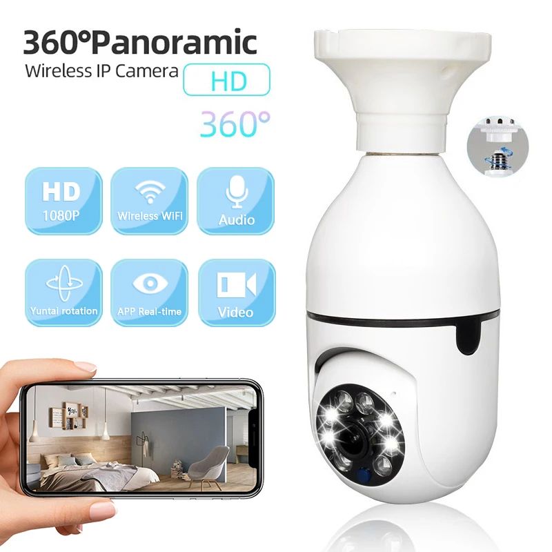 WIFI CAMERA 360° PANORAMIC BULB CCTV WiFi IP PTZ PAN & TILT ROTATING CAMERA Light Bulb 1080P Security Wireless Camera Wifi Smart for home surveillance Screw into the E27 light bulb