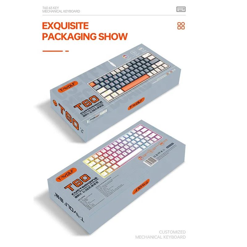 T60 Hot Swappable 63 Keys Mechanical Keyboard Gaming Ergonomic Keyboard LED Light Type-C Wired for PC Laptop