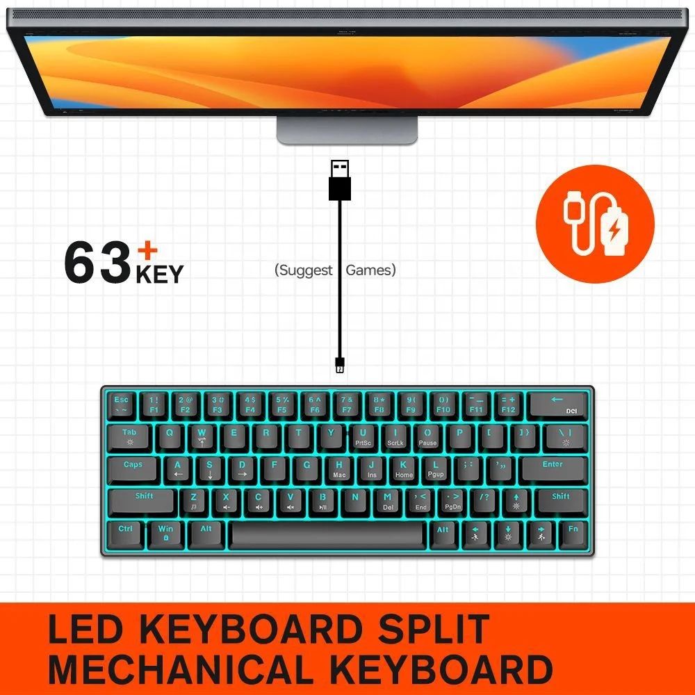 T60 Hot Swappable 63 Keys Mechanical Keyboard Gaming Ergonomic Keyboard LED Light Type-C Wired for PC Laptop