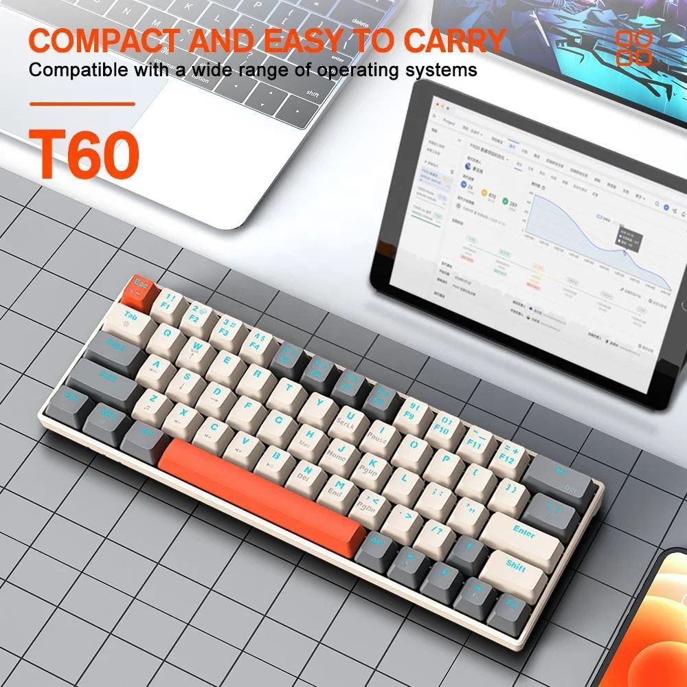 T60 Hot Swappable 63 Keys Mechanical Keyboard Gaming Ergonomic Keyboard LED Light Type-C Wired for PC Laptop