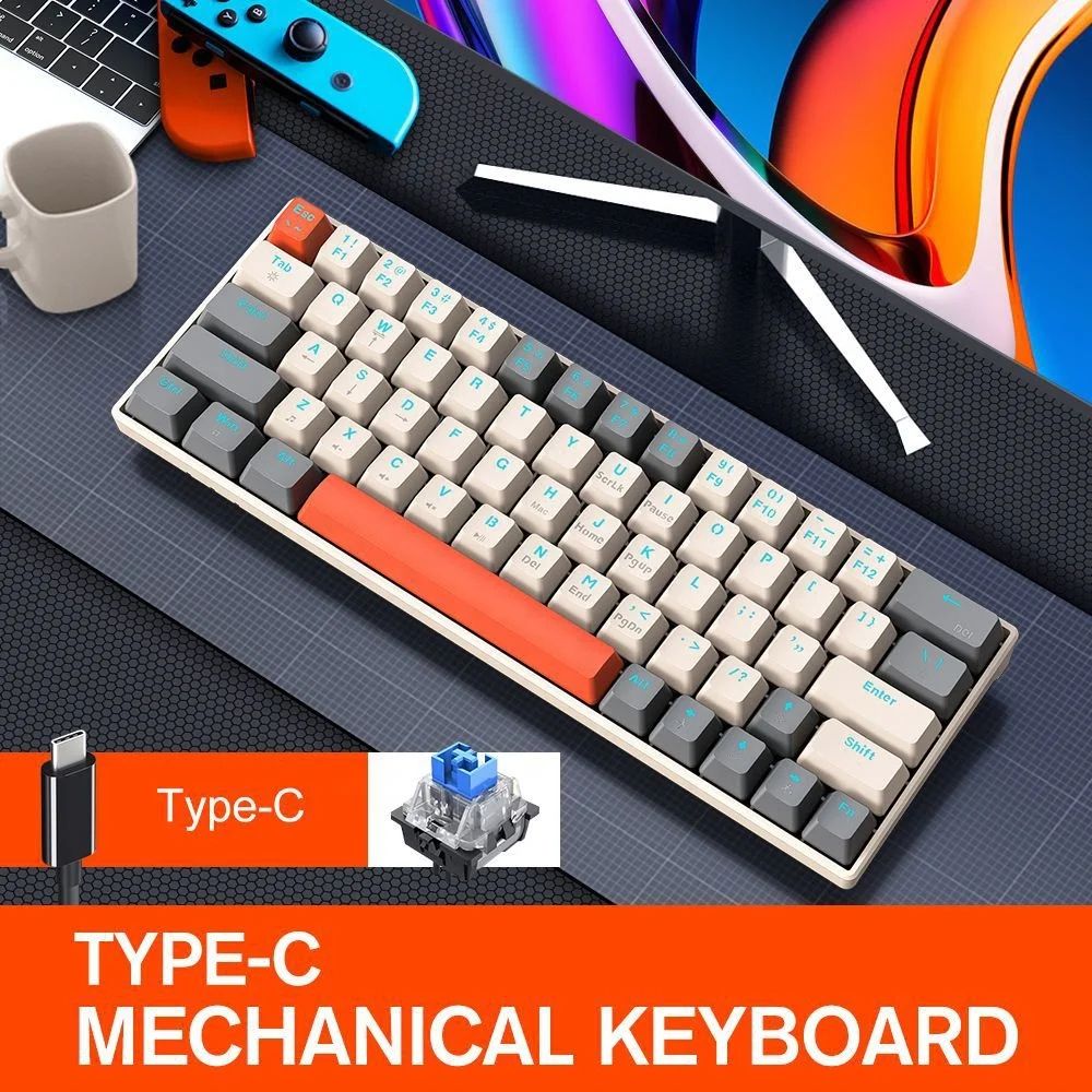 T60 Hot Swappable 63 Keys Mechanical Keyboard Gaming Ergonomic Keyboard LED Light Type-C Wired for PC Laptop