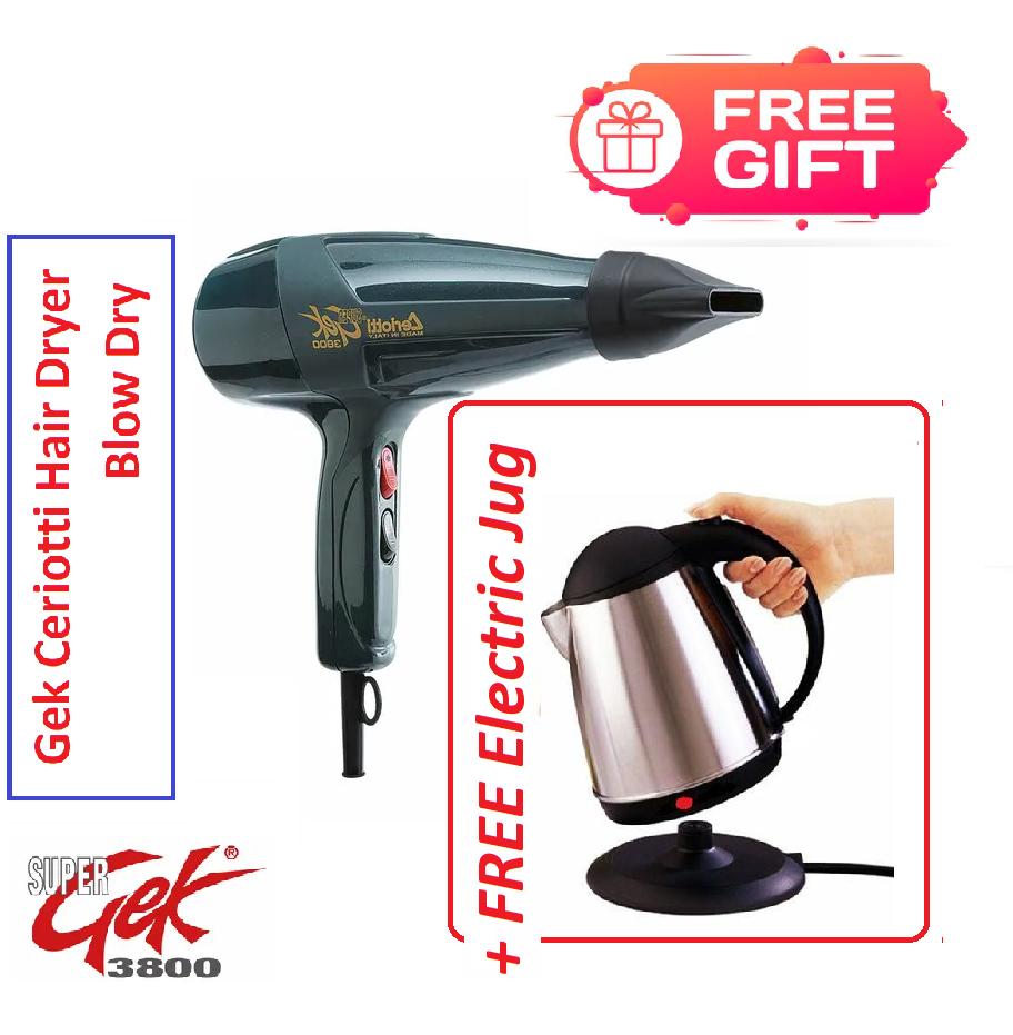 (Free Gifts) Gek FREE JUG GIFT] Gek Ceriotti Hair Dryer Blow Dry 3800 StHair Dryer Blow Dry + Electric Kettle Fast Boiling Stainless Steel & Cordless Glass Kettle with Auto Shut-Off + 3 way Multi Plug
