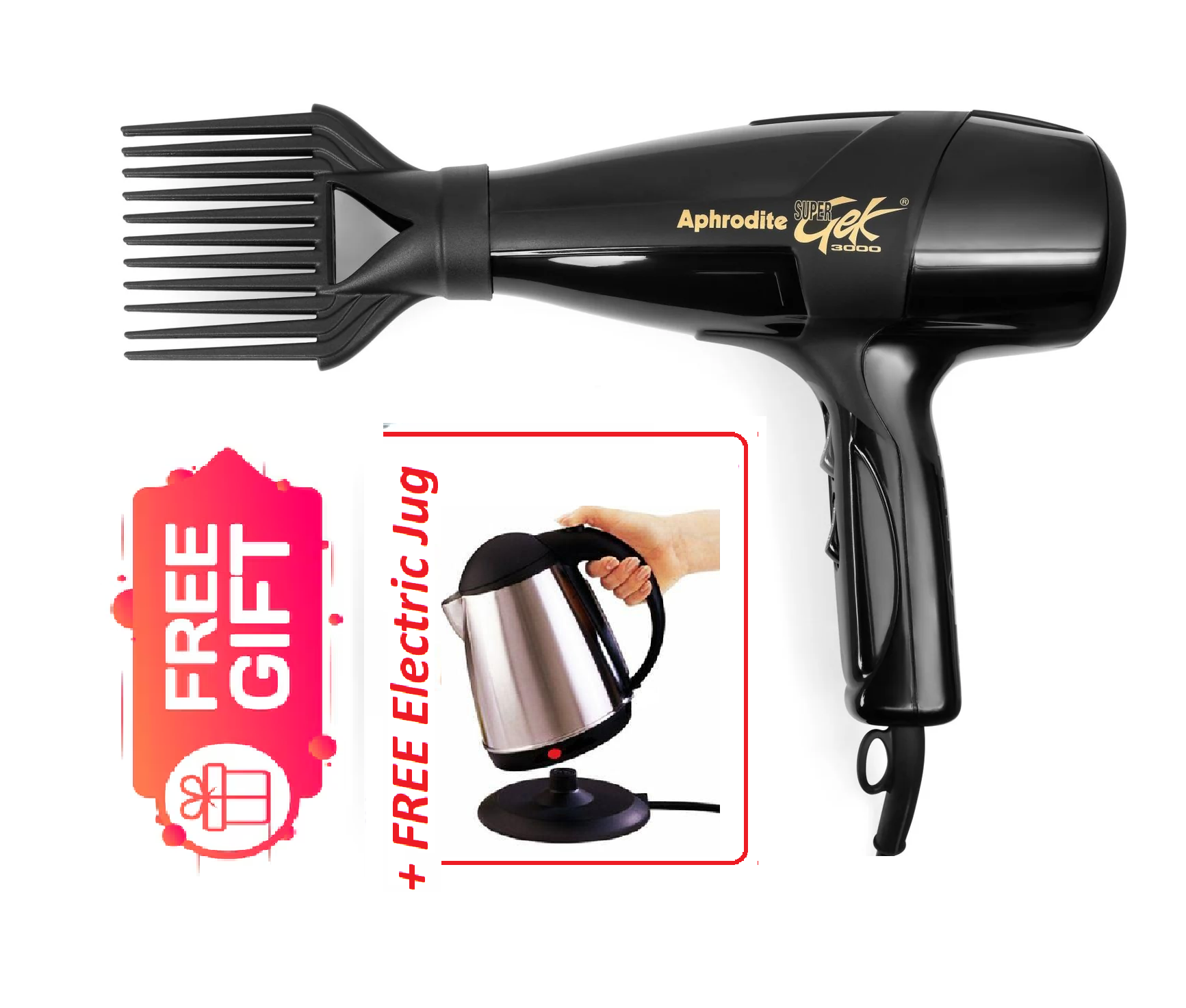 (Free Gifts) Gek FREE JUG GIFT] Gek Ceriotti Hair Dryer Blow Dry 3800 StHair Dryer Blow Dry + Electric Kettle Fast Boiling Stainless Steel & Cordless Glass Kettle with Auto Shut-Off + 3 way Multi Plug