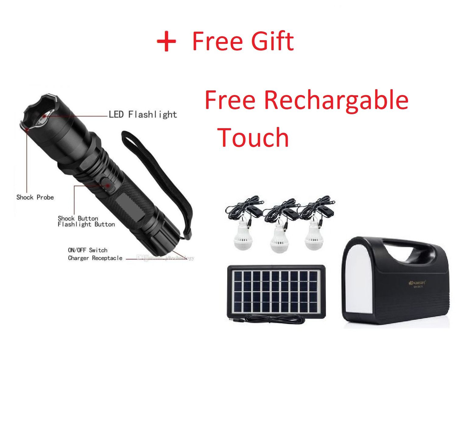 [Free Gift] Powerful Rechargable n Zoomable Tourch + Solar Lighting System With a battery, 3 Bulbs, solar Panel and a universal usb cable