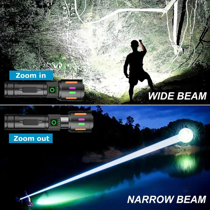 High-Quality Powerful Long Range Super Bright LED Flashlight / Torch Light with Slide Zoom, USB Rechargeable, Type-C Charging, 4 Light Modes, and Power Display