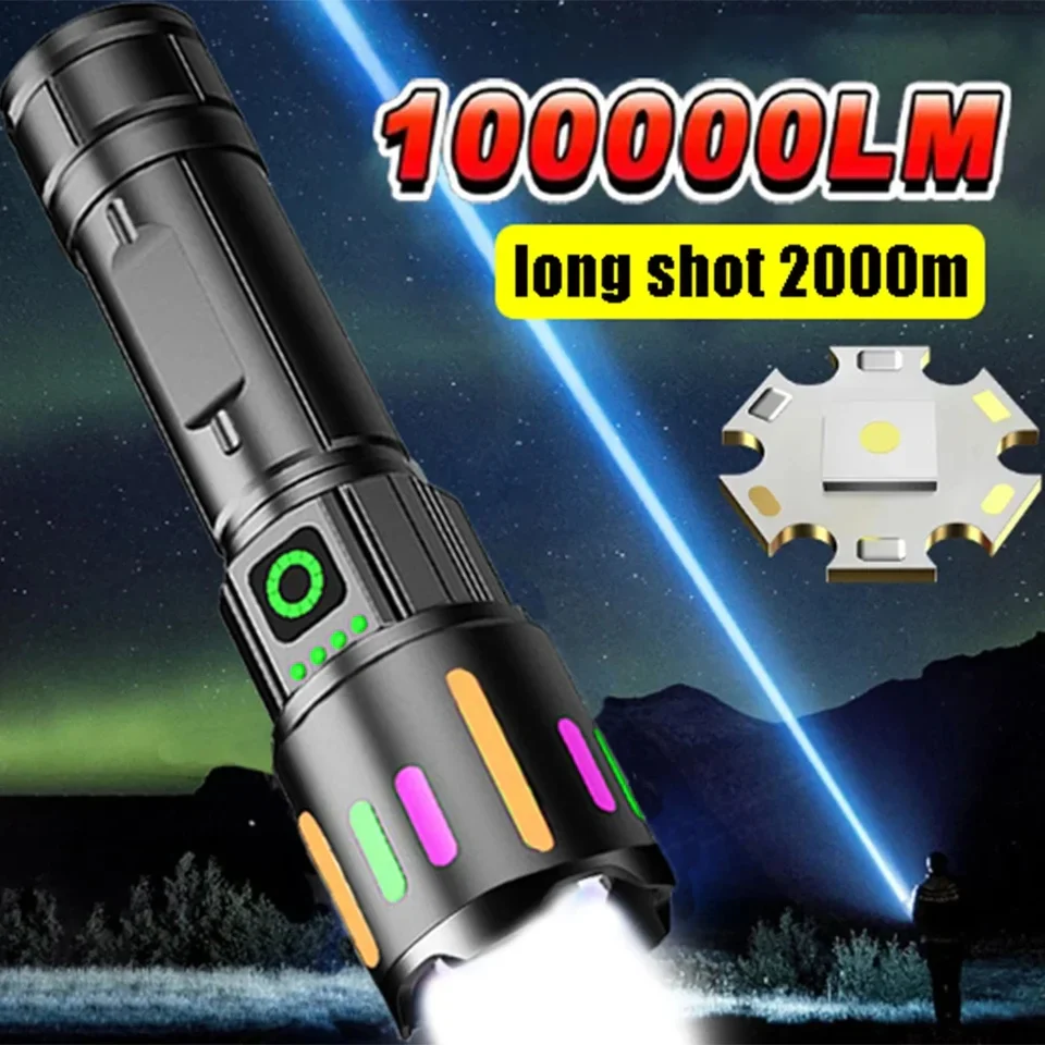 High-Quality Powerful Long Range Super Bright LED Flashlight / Torch Light with Slide Zoom, USB Rechargeable, Type-C Charging, 4 Light Modes, and Power Display