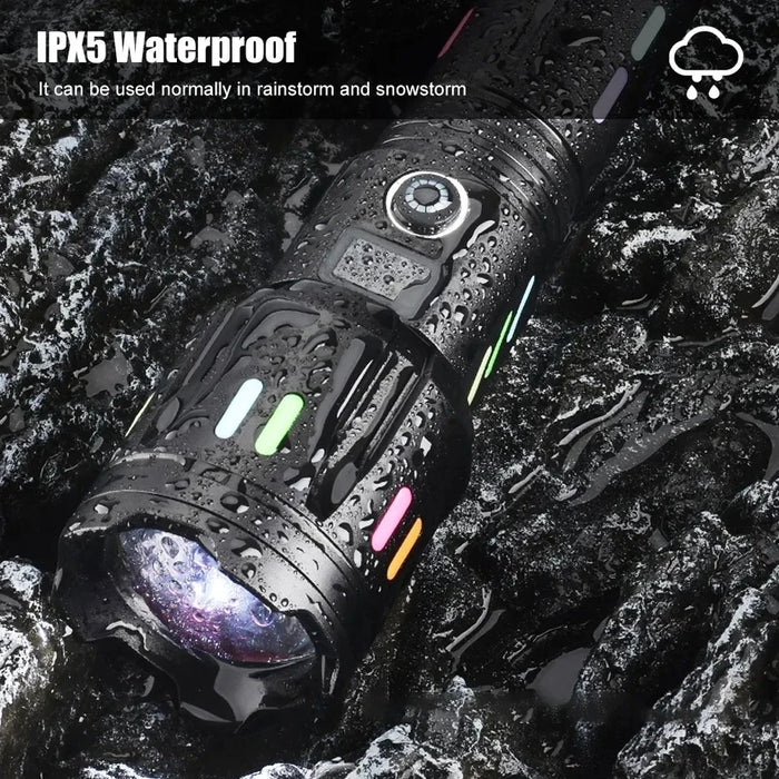 High-Quality Powerful Long Range Super Bright LED Flashlight / Torch Light with Slide Zoom, USB Rechargeable, Type-C Charging, 4 Light Modes, and Power Display