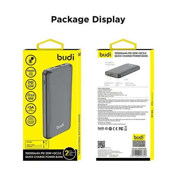 Budi Portable Power Bank 10000mAh, Portable Charger Power Bank with 3 USB Ports, PD Fast Charging USB Power Bank