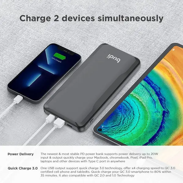 Budi Portable Power Bank 10000mAh, Portable Charger Power Bank with 3 USB Ports, PD Fast Charging USB Power Bank