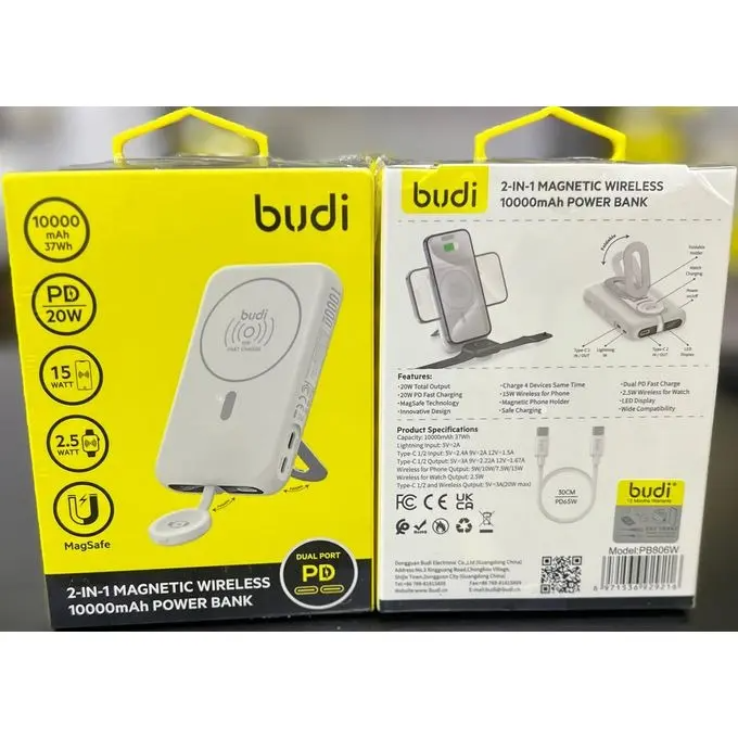 Budi 2 in 1 magnetic Magsafe wireless 10000mah power bank For mobile phones and smart watches-Charge 4 devices Same time