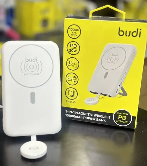 Budi 2 in 1 magnetic Magsafe wireless 10000mah power bank For mobile phones and smart watches-Charge 4 devices Same time