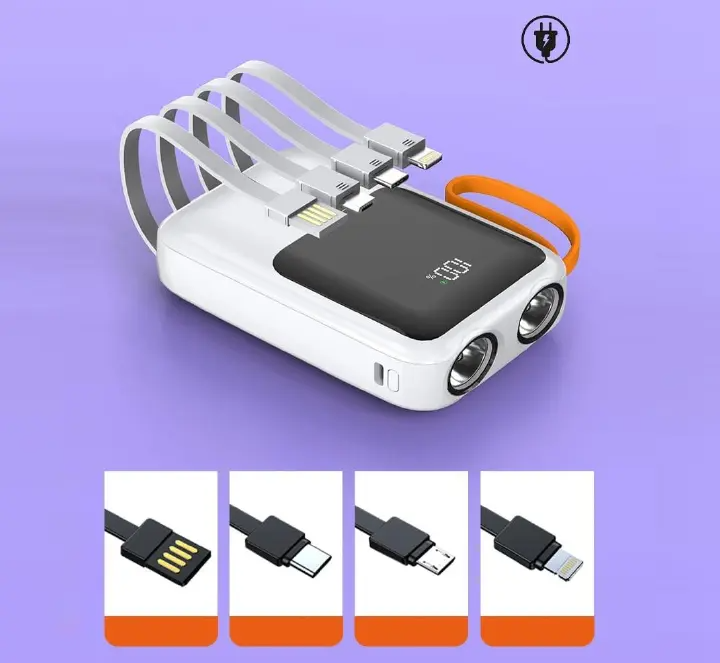 10000mAh Portable Power Bank Fast Charging with Built-in Flashlight and USB Ports for iPhone and Android