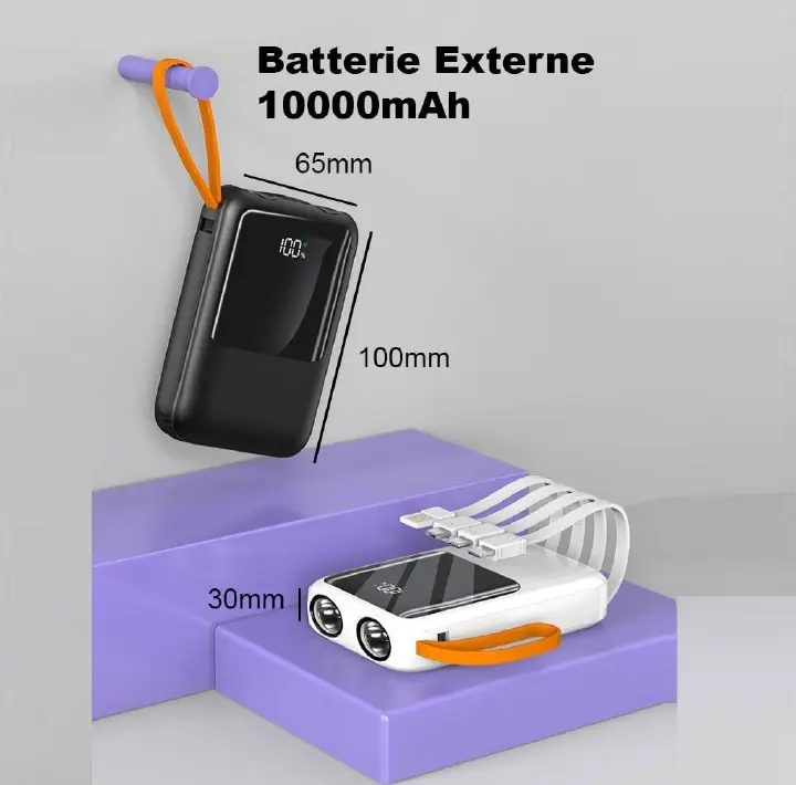 10000mAh Portable Power Bank Fast Charging with Built-in Flashlight and USB Ports for iPhone and Android