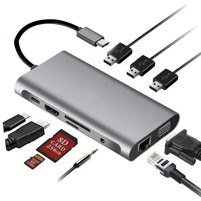 Type C To HDMI Multi Function 12 in 1 Type-C + 2 HDMI + 2 USB 3.0 + 2 USB 2.0 + VGA + SD + TF + Audio + LAN