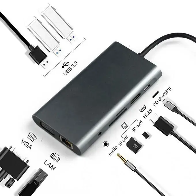 Type C To HDMI Multi Function 12 in 1 Type-C + 2 HDMI + 2 USB 3.0 + 2 USB 2.0 + VGA + SD + TF + Audio + LAN