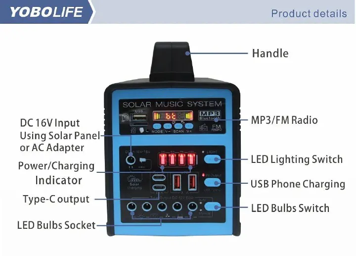 Big Solar Lighting System with 4 Led Bulbs, Radio, BT speaker, Mobile Charging, Tablet Charging, 12V fan Powering, 50Hours