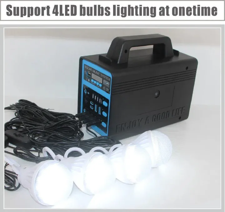 Big Solar Lighting System with 4 Led Bulbs, Radio, BT speaker, Mobile Charging, Tablet Charging, 12V fan Powering, 50Hours
